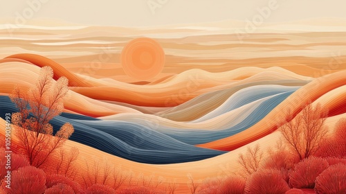 Abstract sunset over colorful mountains with silhouette plants in a desert la...