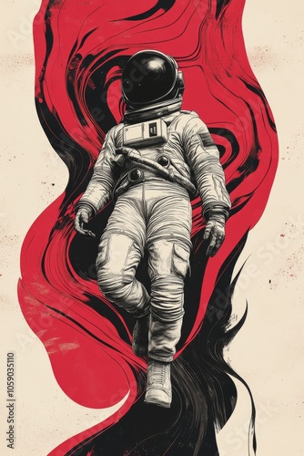 Astronaut floating gracefully among abstract red and black swirls in outer space