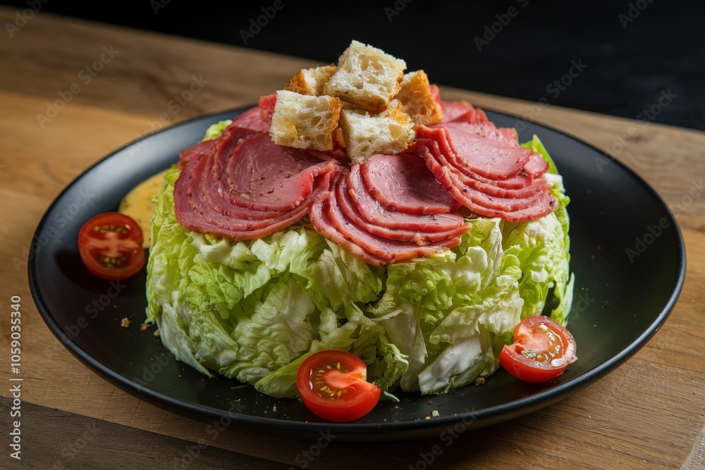 a green chopped lettuce salad with slices of pastrami meat and sliced cherry tomatoes a green chopped lettuce salad with slices of pastrami meat and sliced cherry tomatoes