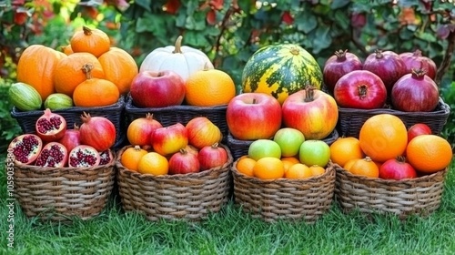 Colorful assortment of fresh fruits in woven baskets on grass at a sunny outd...