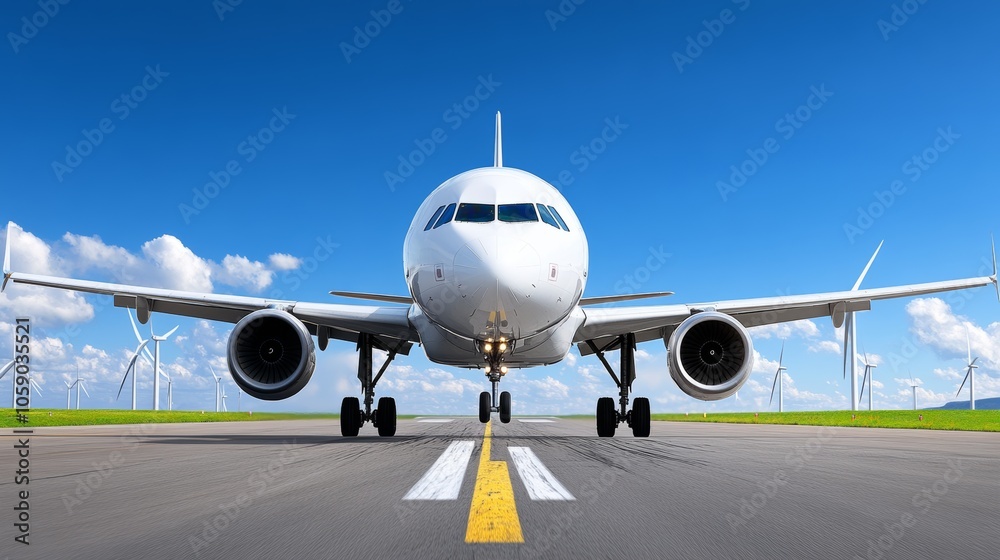 Airplane Taxiing on Runway with Wind Turbines in Background Airplane Taxiing on Runway with Wind Turbines in Background