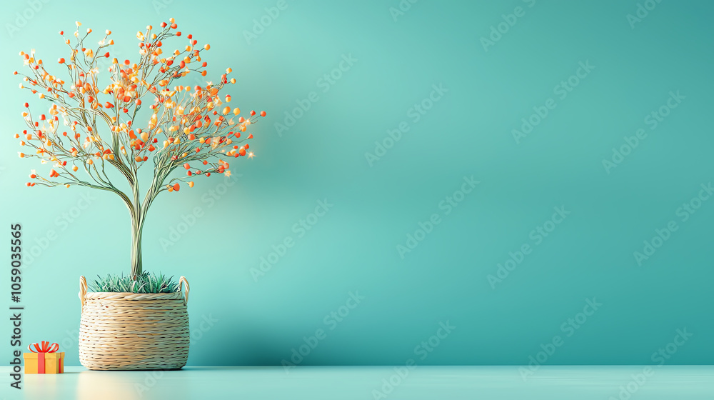 Small tree in basket, adorned with tiny lights, cozy holiday, 3D illustration Small tree in basket, adorned with tiny lights, cozy holiday, 3D illustration