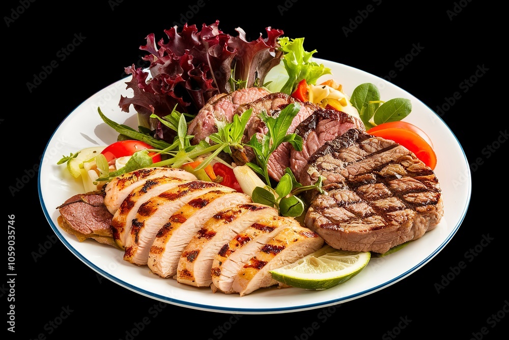 A photo of a plate of chicken and beef salad on a black background A photo of a plate of chicken and beef salad on a black background