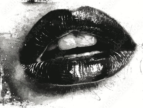 Close up of a woman's mouth with her lips parted. The image is black and white and has a somewhat eerie or unsettling feel to it