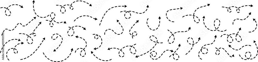 Dashed arrow set. Vector doodle dot line. Dotted hand drawn arrow. Doodle arrows of various shapes and directions. eps10 Dashed arrow set. Vector doodle dot line. Dotted hand drawn arrow. Doodle arrows of various shapes and directions. eps10