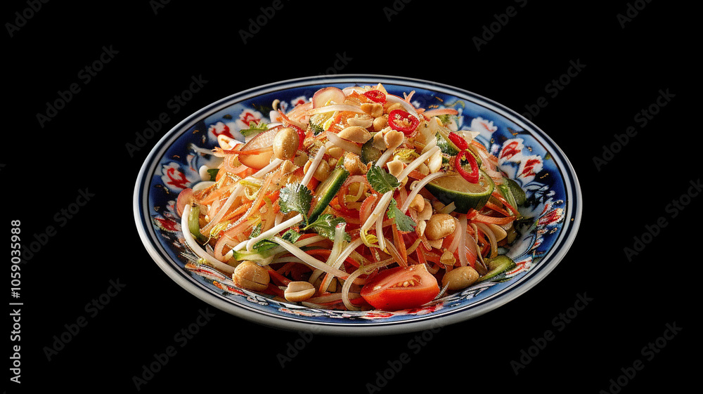 A delicious serving of papaya salad, showcasing the crunch of fresh green papaya, vibrant lime flavors, and crunchy peanuts A delicious serving of papaya salad, showcasing the crunch of fresh green papaya, vibrant lime flavors, and crunchy peanuts