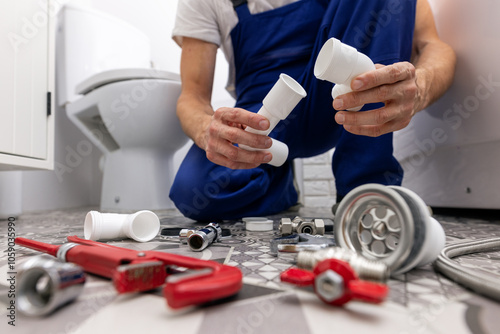 plumber working in bathroom. installing drain pipes. plumbing services