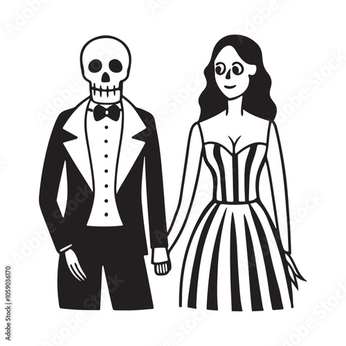 A skeleton couple dressed in formal attire, holding hands. Stylized Skeleton Bride and Groom Illustration for Halloween. Perfect for Halloween, Day of the Dead, or gothic-themed designs.