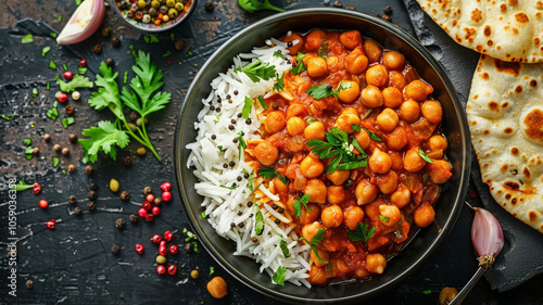 A bowl of Indian chana masala made with chickpeas and spices served with rice