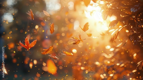 Falling Autumn Leaves In A Sunlit Forest