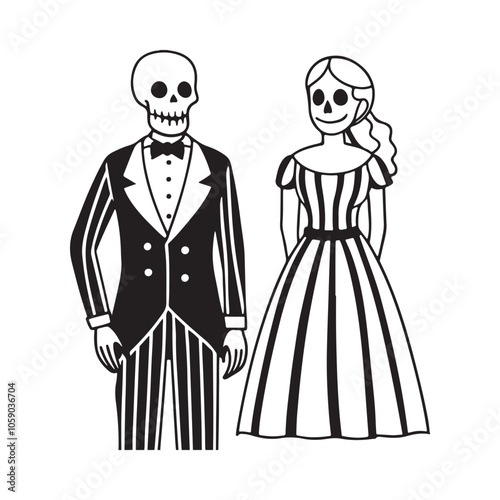 A skeleton couple dressed in formal attire, holding hands. Stylized Skeleton Bride and Groom Illustration for Halloween. Perfect for Halloween, Day of the Dead, or gothic-themed designs.