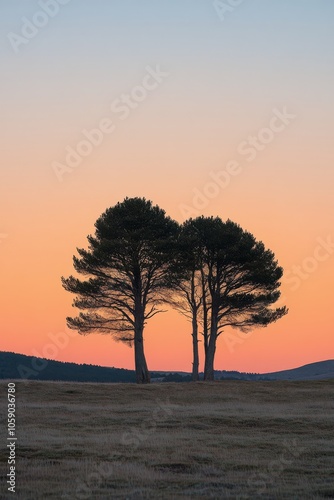 Three silhouetted trees against a vibrant sunset with a rising moon in the sky