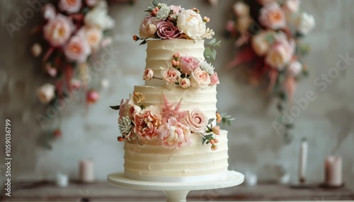 Three-Tier Wedding Cake Decorated With Pink Roses and Greenery