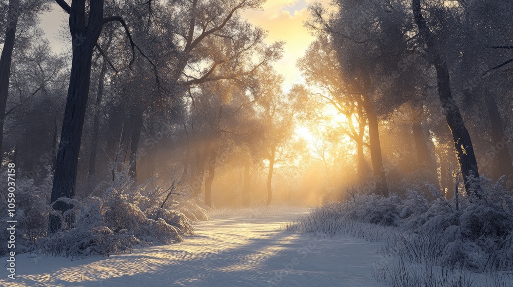 Sunlight breaking through frosty trees in a winter forest, illuminating the snowy ground, a peaceful winter sunrise. Sunlight breaking through frosty trees in a winter forest, illuminating the snowy ground, a peaceful winter sunrise.