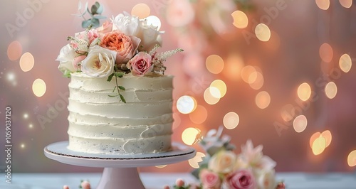 White Cake Topped With Pink Roses and Flowers in Front of a Bokeh Background