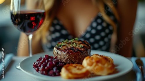 Smiling woman enjoying dinner at a cozy restaurant with candlelight ambiance