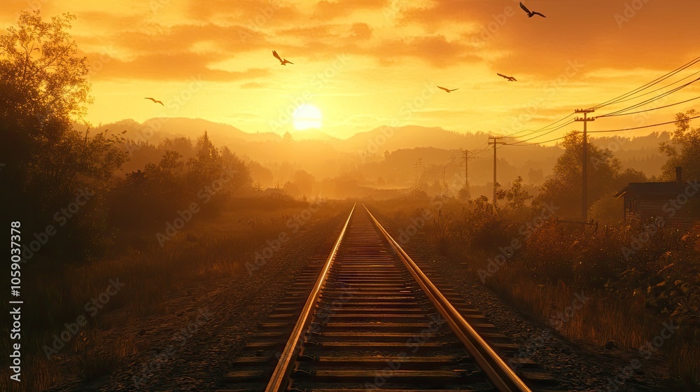Obraz premium Sunset over railway tracks in an open landscape, the rails gleaming as they lead into the distance, a serene golden hour.