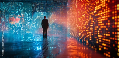 Man Stands Before Digital Binary Code Wall