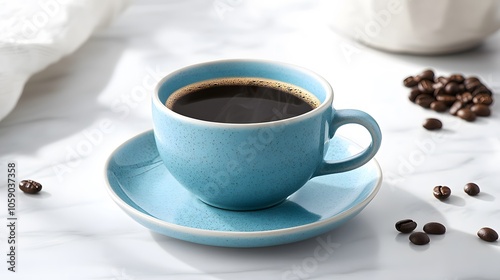 Blue ceramic coffee cup on white marble table with scattered coffee beans, minimalist composition, bright natural lighting, turquoise cup and saucer, modern styling.