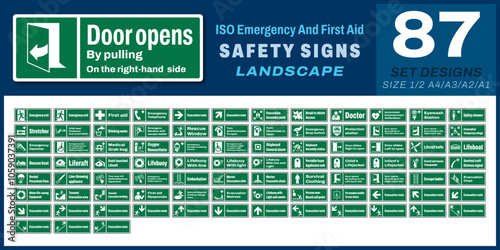 87 set iso emergency and first aid safety signs v58_door opens by pulling on the right-hand side_landscape size 1/2 a4,a3,a2,a1