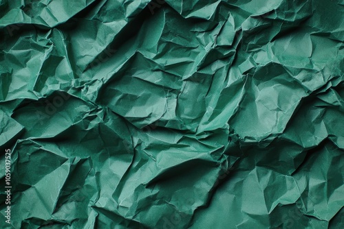 A close-up of crumpled green paper, showcasing texture and depth. Ideal for backgrounds or creative projects.