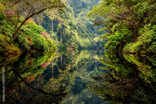 a dense rainforest reflected on the tranquil waters of a river. photo