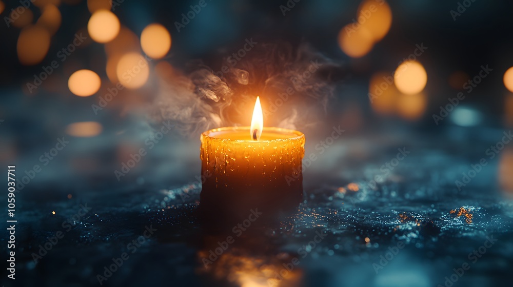 Burning candle macro photography capturing warm glowing flame, melting wax, wispy smoke trails, soft orange candlelight against bokeh background, dark moody atmosphere.