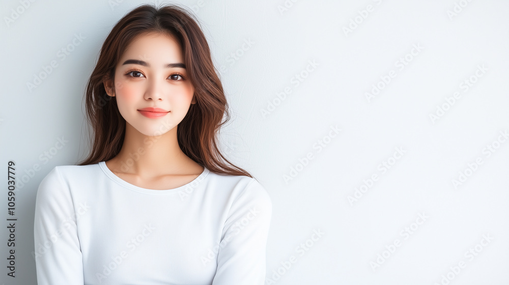 young woman with long, wavy hair poses confidently against light background, showcasing natural and serene expression. young woman with long, wavy hair poses confidently against light background, showcasing natural and serene expression.