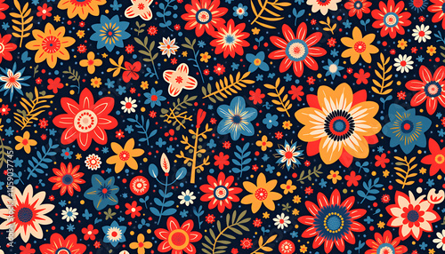 Ethnic floral textile pattern featuring bright flowers and decorative borders