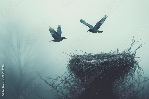 Two birds flying in opposite directions, their onceshared nest abandoned and empty behind them photo