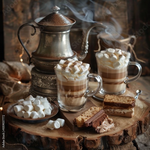 Two Cups of Steaming Hot Chocolate With Marshmallows and Cookies on a Wooden ...