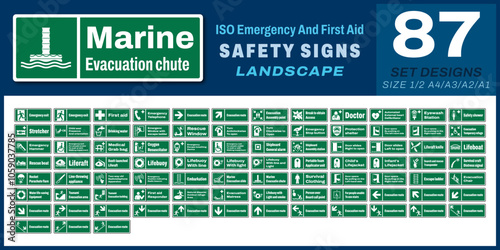 87 set iso emergency and first aid safety signs v55_marine evacuation chute_landscape size 1/2 a4,a3,a2,a1