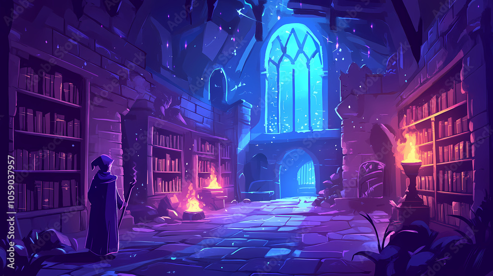 Mystical academy, magic weaves through ancient halls, students clad in robes study arcane arts, hidden chambers hold secrets, illuminated library. Magic Academy Tower. Illustration Mystical academy, magic weaves through ancient halls, students clad in robes study arcane arts, hidden chambers hold secrets, illuminated library. Magic Academy Tower. Illustration