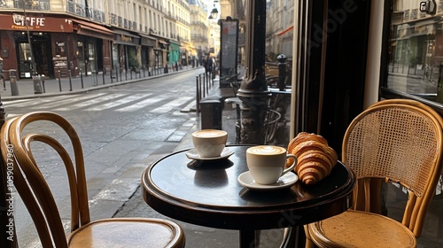 Fototapeta Naklejka Na Ścianę i Meble -  Coffee and Croissants in a Parisian Cafe