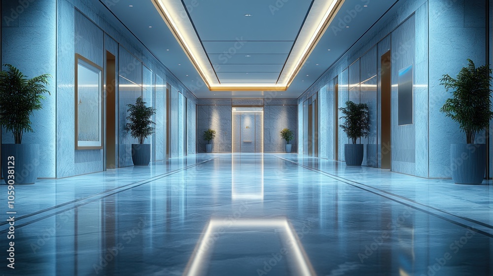 A long, elegant hallway with marble floors, high ceilings, and indirect lighting. A long, elegant hallway with marble floors, high ceilings, and indirect lighting.