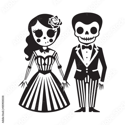 A skeleton couple dressed in formal attire, holding hands. Stylized Skeleton Bride and Groom Illustration for Halloween. Perfect for Halloween, Day of the Dead, or gothic-themed designs.