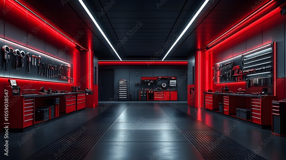 Home garage with a pristine workbench, carefully arranged tool collection, and bright overhead lighting Home garage with a pristine workbench, carefully arranged tool collection, and bright overhead lighting