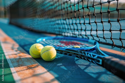 Two Tennis Racquets and Balls on a Green Court Surface