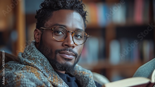 A young man with a beard and glasses is sitting in a chair and reading a book. He is looking at the camera.