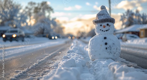 Snowman Standing On A Snow Covered Roadside In Winter