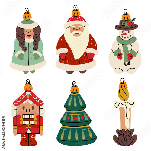 A set of Soviet Christmas tree toys. Glass toys. Snowman, Santa Claus, snow maiden, nutcracker, Christmas tree, candle, illustration in vintage colors. Festive decorations for the Christmas tree