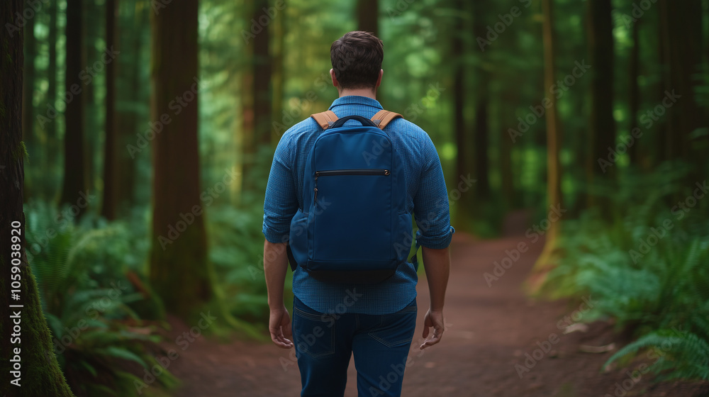Obraz premium man walking through lush green forest with blue backpack, surrounded by tall trees and ferns, enjoying natures tranquility.