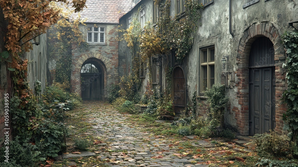 Cobblestone pathway leading to a brick archway in an old European courtyard with overgrown plants and a misty atmosphere. Cobblestone pathway leading to a brick archway in an old European courtyard with overgrown plants and a misty atmosphere.