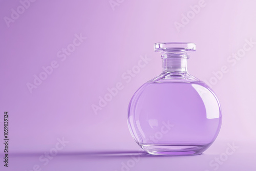 Transparent glass bottle of perfume. Purple pastel background. Minimal concept.