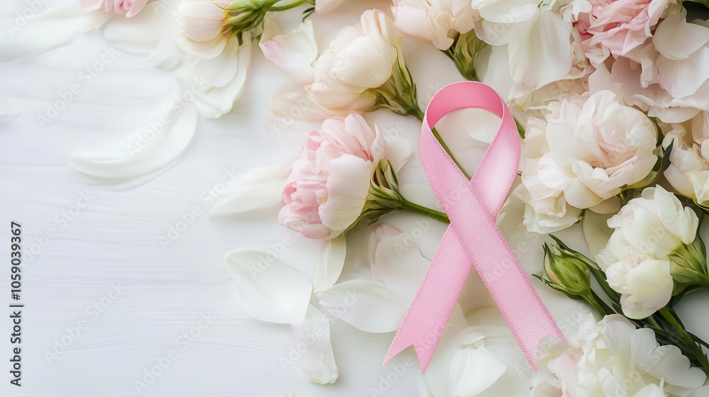 Floral design with central pink ribbon, soft and inviting, supporting breast cancer awareness