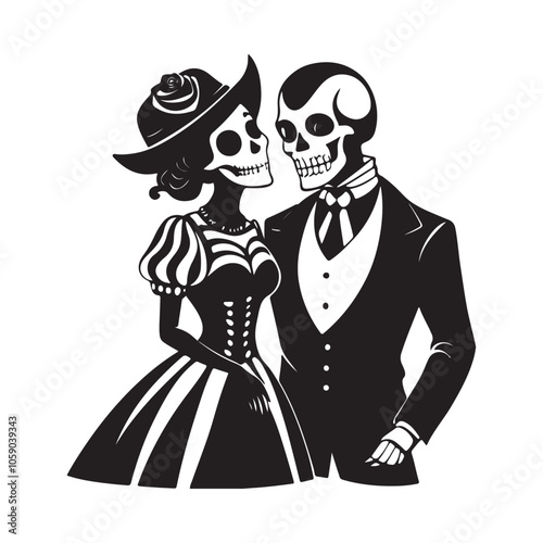 A skeleton couple dressed in formal attire, holding hands. Stylized Skeleton Bride and Groom Illustration for Halloween. Perfect for Halloween, Day of the Dead, or gothic-themed designs.