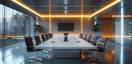 Modern Conference Room With City View and White Table
