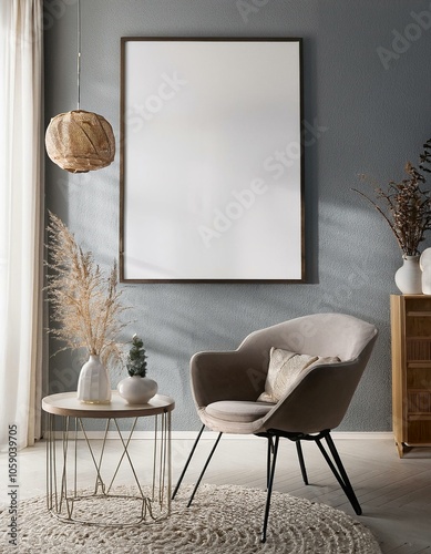 New Frame Poster mockup in contemporary minimalist beige room interior room.