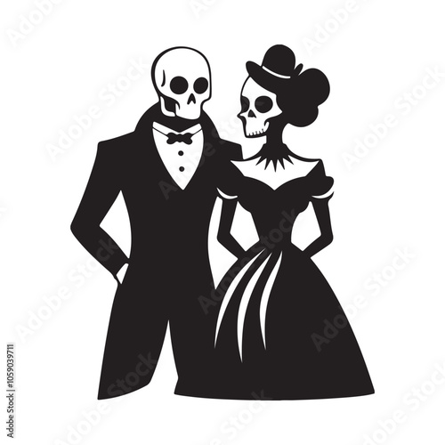 A skeleton couple dressed in formal attire, holding hands. Stylized Skeleton Bride and Groom Illustration for Halloween. Perfect for Halloween, Day of the Dead, or gothic-themed designs.