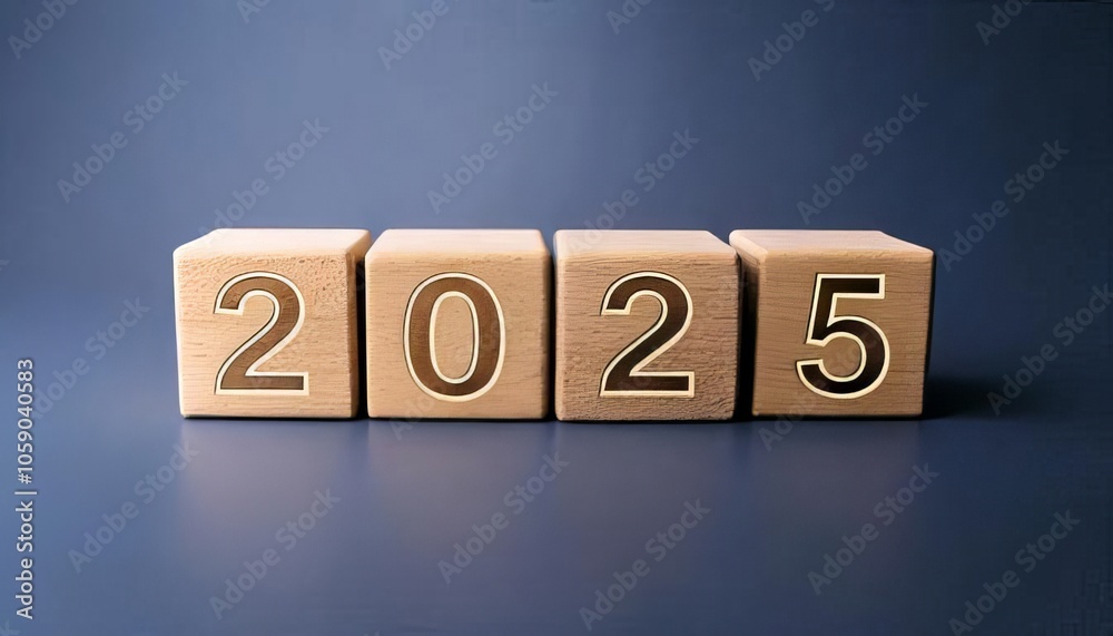 Wooden blocks displaying year 2025 on dark background, symbolizing future planning and goals